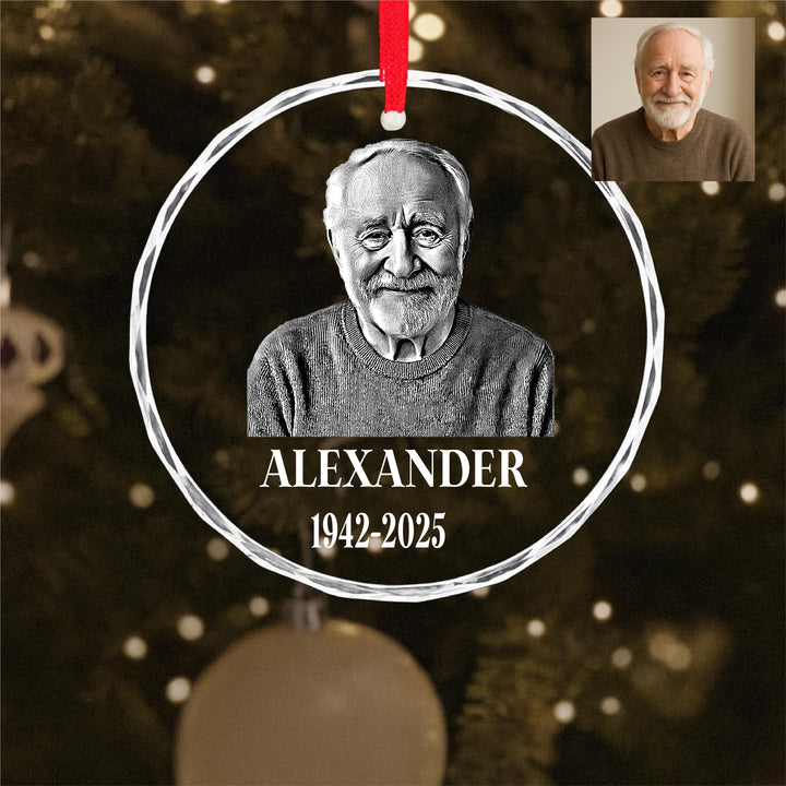 Personalized Memorial Photo Ornament, Custom Engraved Glass Keepsake, In Memory of Loved One Christmas Gift