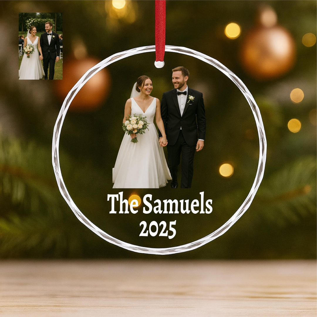 Wedding Photo Ornament, Personalized Couple Keepsake, Custom UV Printed Glass Ornament, First Christmas Married Gift