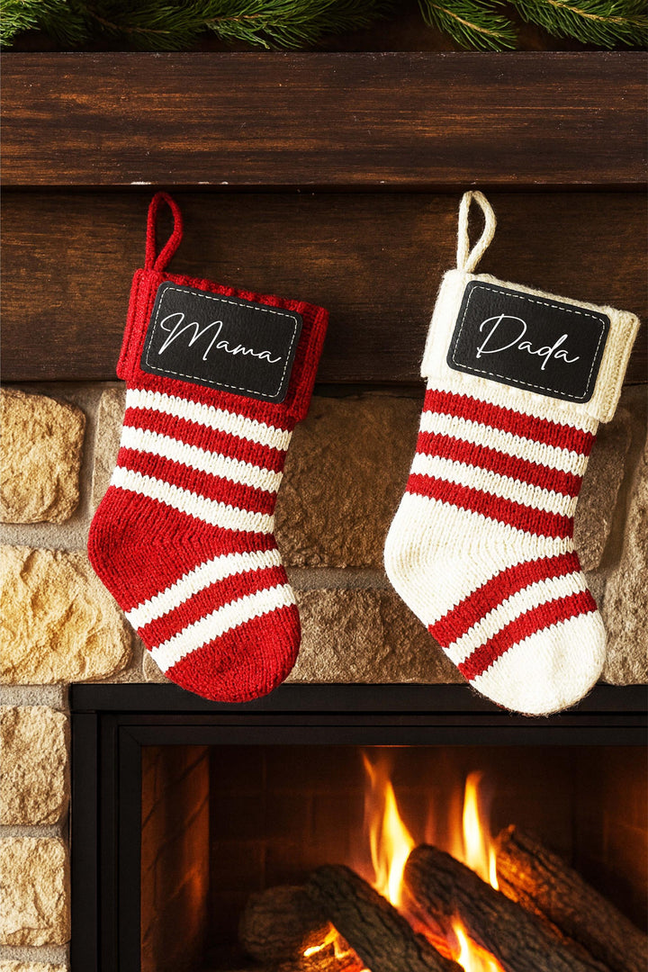 Personalized Mini Christmas Stockings Family stockings Knitted Stocking with leather patch Custom Stocking with Name Holiday Stockings Gift