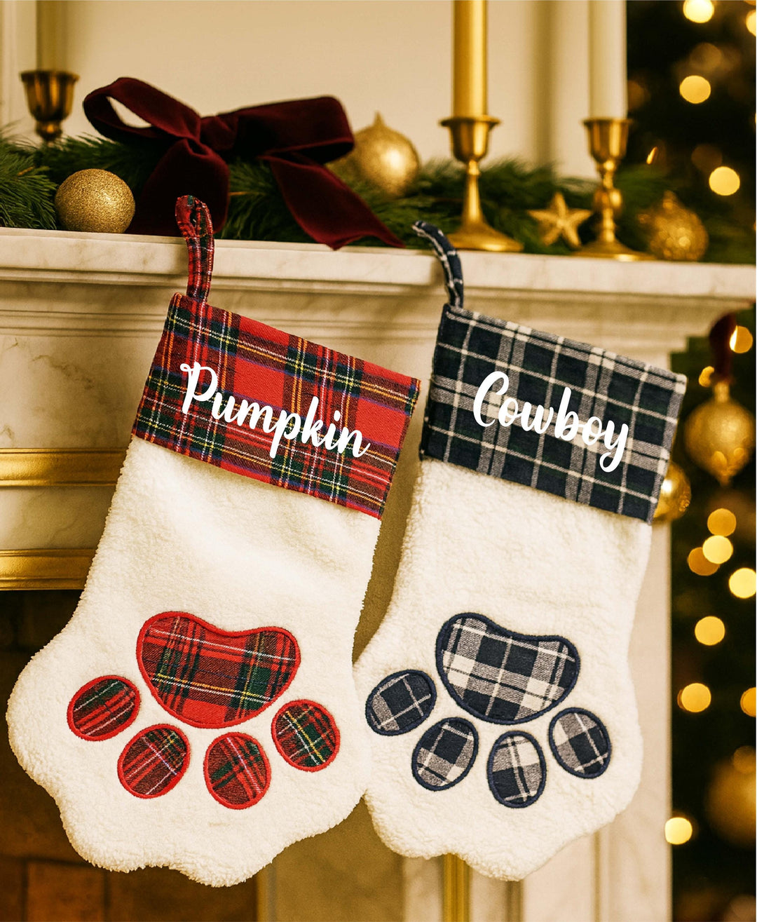 Custom Pet Christmas Stocking –&nbsp;Dog or Cat Christmas Stocking – Custom Plaid Paw Ornament Gift for Pet Lovers 2025