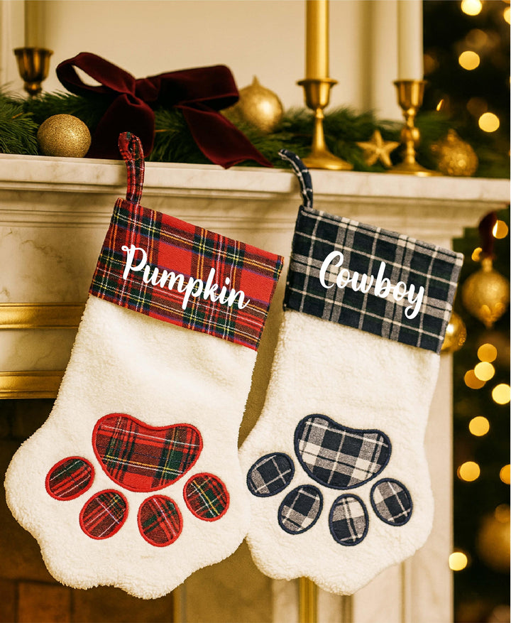 Personalized Paw Shaped Pet Stocking –&nbsp;Dog or Cat Christmas Stocking – Custom Plaid Paw Ornament Gift for Pet Lovers 2025