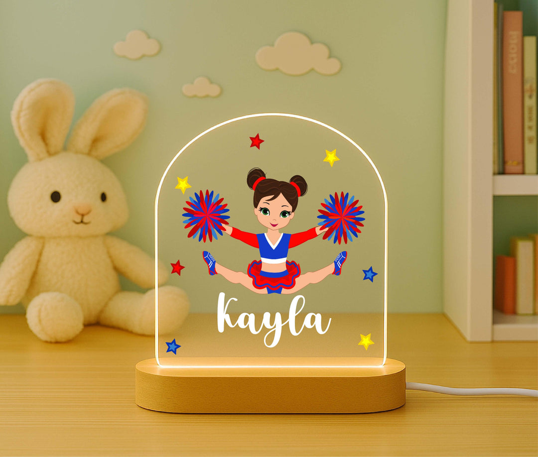Personalized Cheerleader Night Light for Girls – Custom Name LED Lamp with Wooden Base, Cheer Team Gift, Girls Room Decor