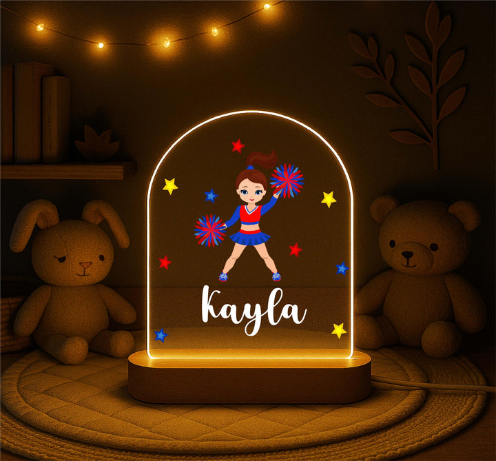 Personalized Cheerleader Night Light for Girls – Custom Name LED Lamp with Wooden Base, Cheer Team Gift, Girls Room Decor