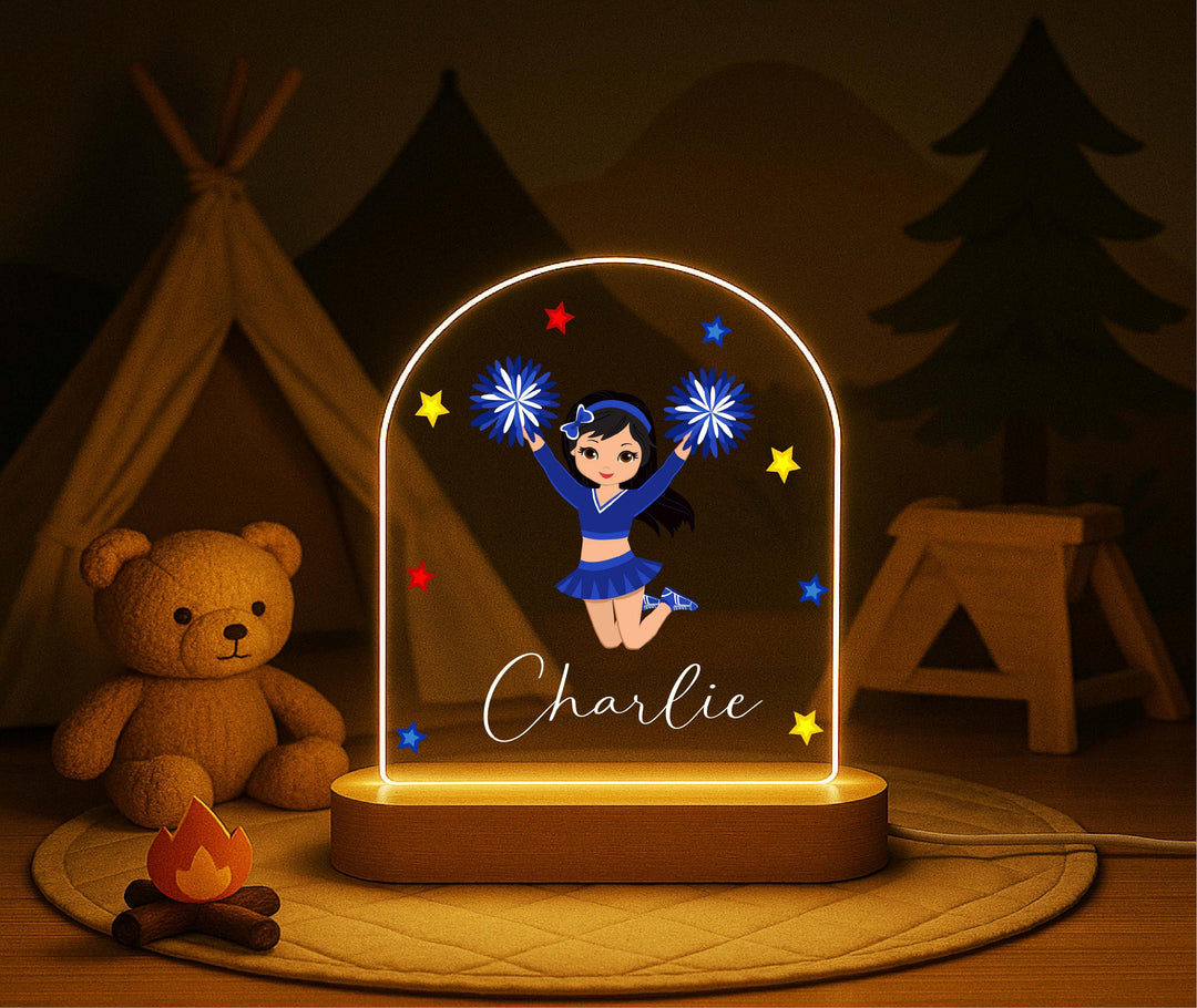 Personalized Cheerleader Night Light for Girls – Custom Name LED Lamp with Wooden Base, Cheer Team Gift, Girls Room Decor