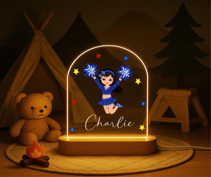 Personalized Cheerleader Night Light for Girls – Custom Name LED Lamp with Wooden Base, Cheer Team Gift, Girls Room Decor