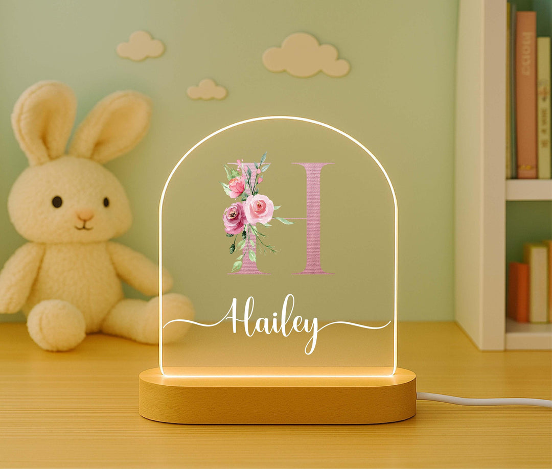 Custom Initial and Name LED Lamp, Wooden Base Kids Room Decor, Baby Girl Gift Personalized Floral Monogram Night Light
