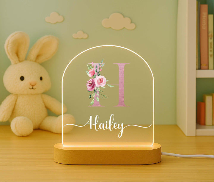 Custom Initial and Name LED Lamp, Wooden Base Kids Room Decor, Baby Girl Gift Personalized Floral Monogram Night Light