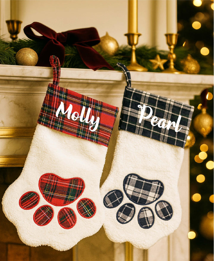 Custom Pet Name Stocking – Plaid Paw Christmas Stocking for Dogs or Cats – Personalized Holiday Decor 2025