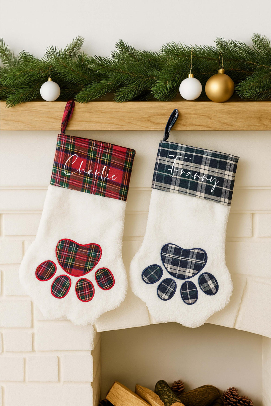 Custom Pet Name Stocking – Plaid Paw Christmas Stocking for Dogs or Cats – Personalized Holiday Decor 2025