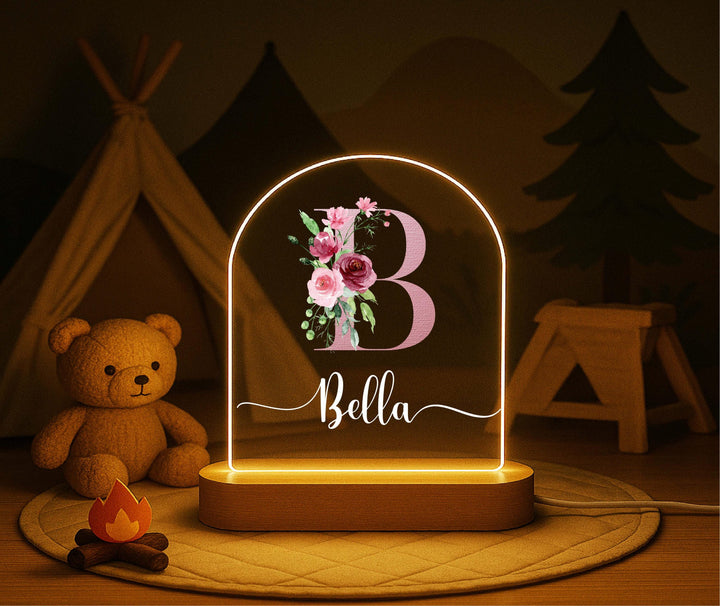 Custom Initial and Name LED Lamp, Wooden Base Kids Room Decor, Baby Girl Gift Personalized Floral Monogram Night Light