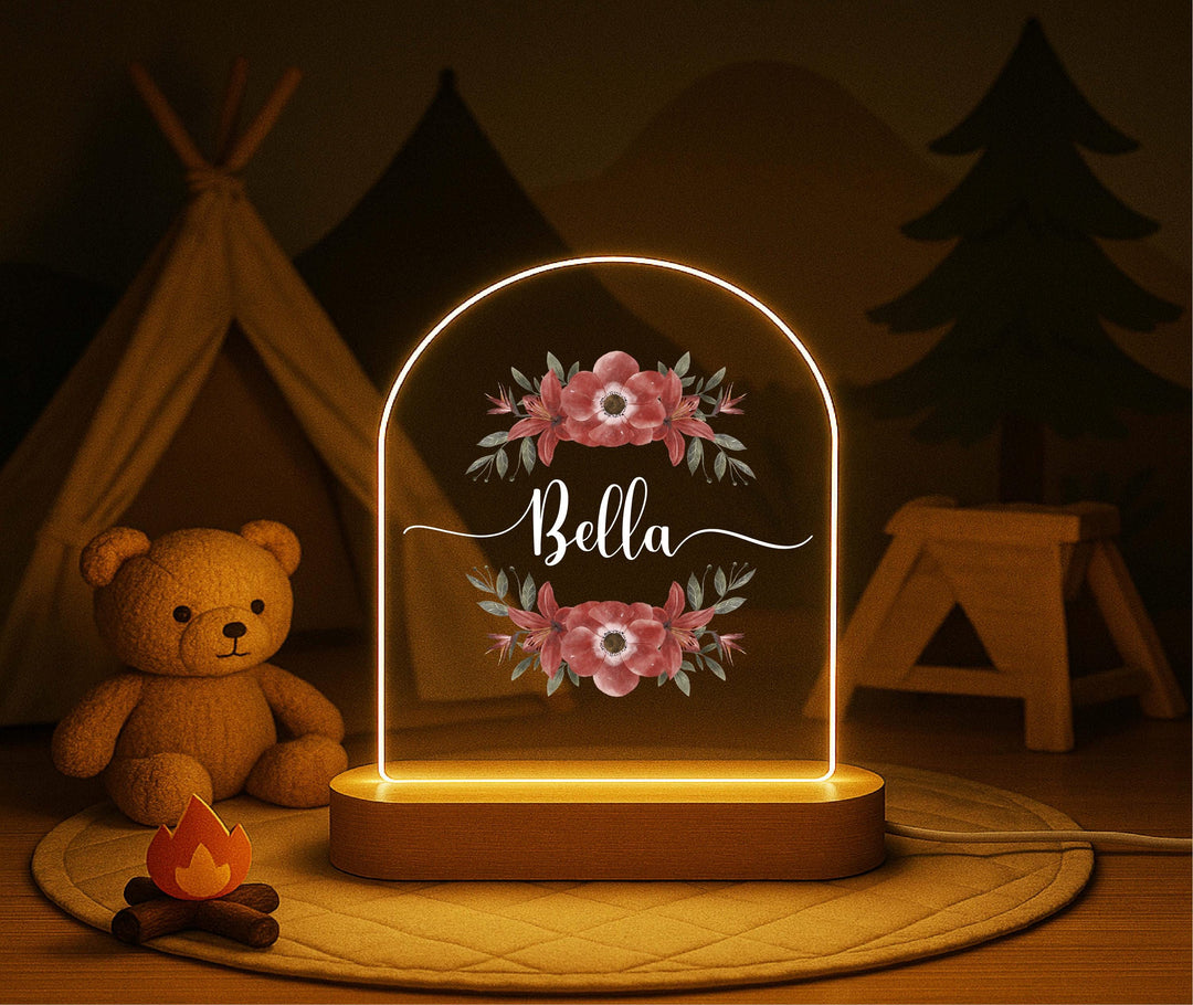Personalized Floral Name Night Light – Custom LED Lamp with Wooden Base, Girls Room Decor, Baby Shower Gift, Nursery Light
