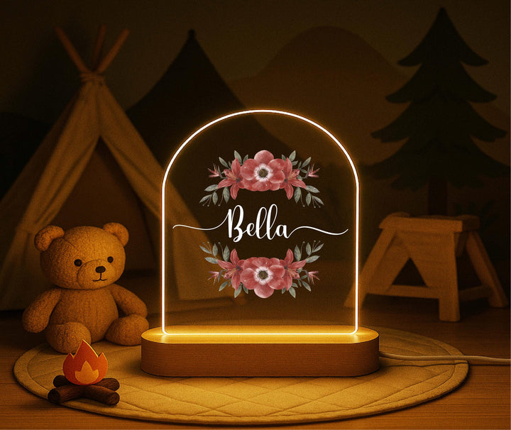 Personalized Floral Name Night Light – Custom LED Lamp with Wooden Base, Girls Room Decor, Baby Shower Gift, Nursery Light