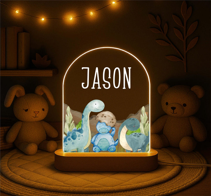 Personalized Dinosaur Night Light for Boys – Custom Name LED Lamp with Wooden Base, Kids Room Decor, Birthday Gift