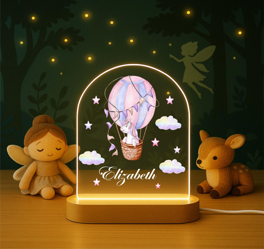 Personalized Unicorn Night Light – Custom Name LED Lamp with Wooden Base, Hot Air Balloon Design, Girls Room Decor