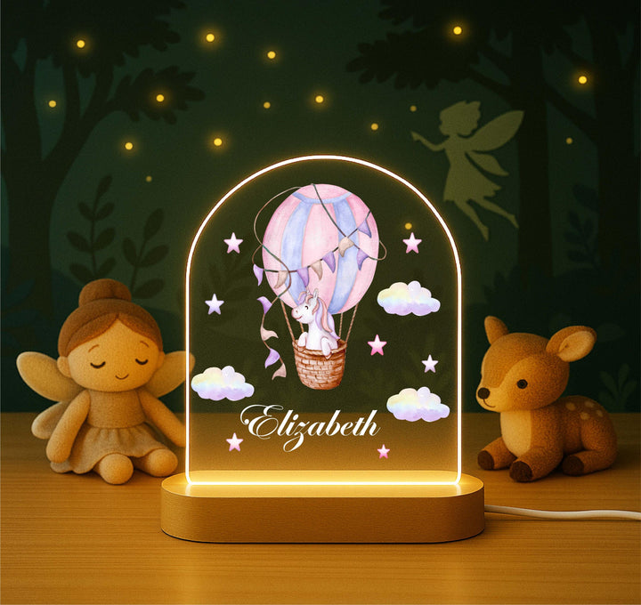 Personalized Unicorn Night Light – Custom Name LED Lamp with Wooden Base, Hot Air Balloon Design, Girls Room Decor
