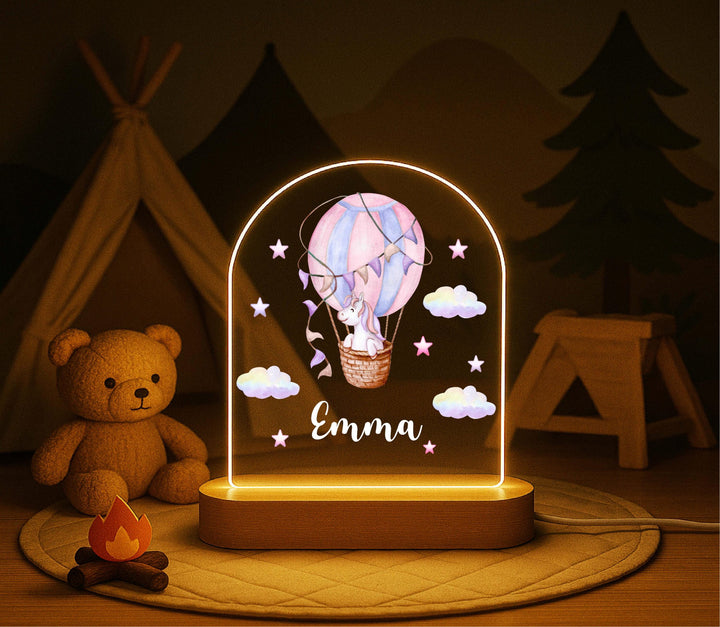 Personalized Unicorn Night Light – Custom Name LED Lamp with Wooden Base, Hot Air Balloon Design, Girls Room Decor