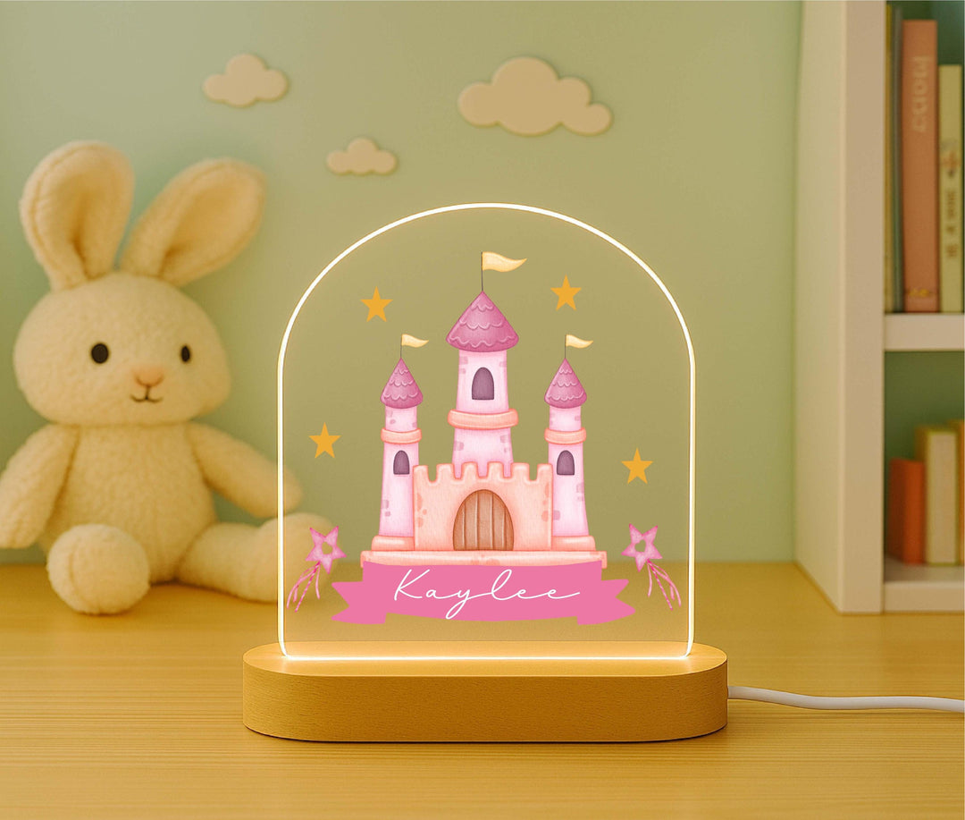 Custom Name castle LED Lamp with Wooden Base, Girls Room Decor, Fairy Tale Gift Personalized Princess Castle Night Light