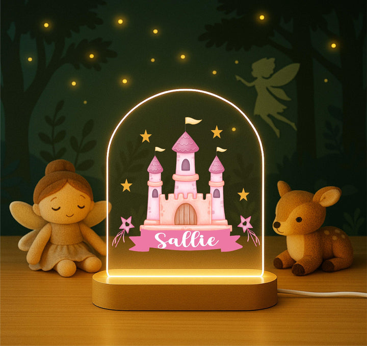 Custom Name castle LED Lamp with Wooden Base, Girls Room Decor, Fairy Tale Gift Personalized Princess Castle Night Light