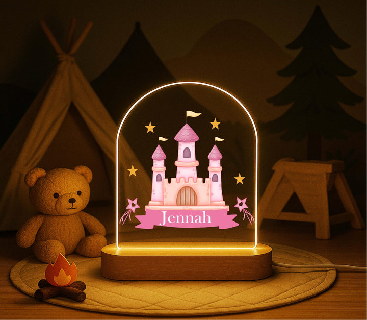 Custom Name castle LED Lamp with Wooden Base, Girls Room Decor, Fairy Tale Gift Personalized Princess Castle Night Light