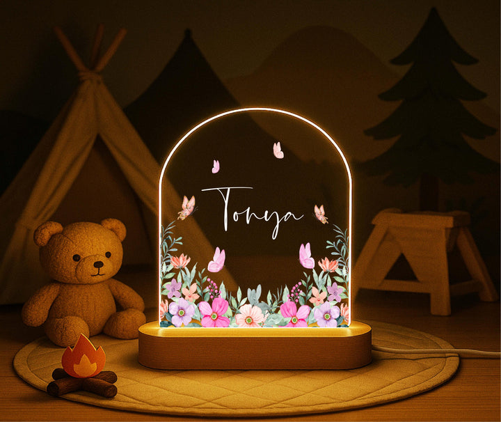 Personalized Floral Night Light Little girl birth day gift – Custom Name&nbsp;with Butterflies, Wooden Base, Girls Room Decor, Gift for Her
