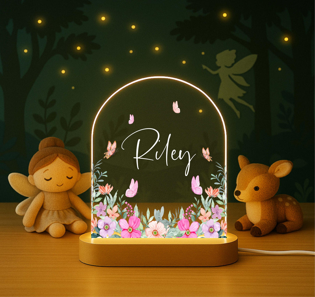 Personalized Floral Night Light Little girl birth day gift – Custom Name&nbsp;with Butterflies, Wooden Base, Girls Room Decor, Gift for Her