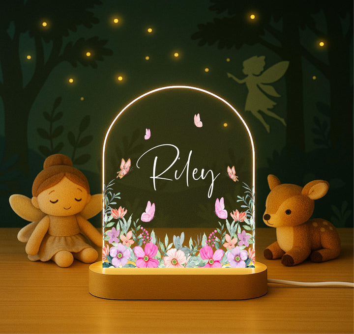 Personalized Floral Night Light Little girl birth day gift – Custom Name&nbsp;with Butterflies, Wooden Base, Girls Room Decor, Gift for Her