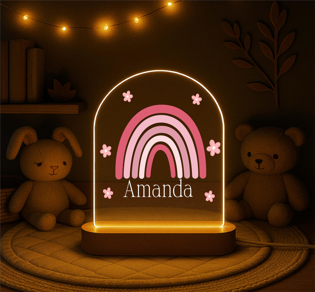 Personalized Rainbow Night Light – Custom Name LED Lamp with Wooden Base, Boho Kids Room Decor, Baby Girl Gift