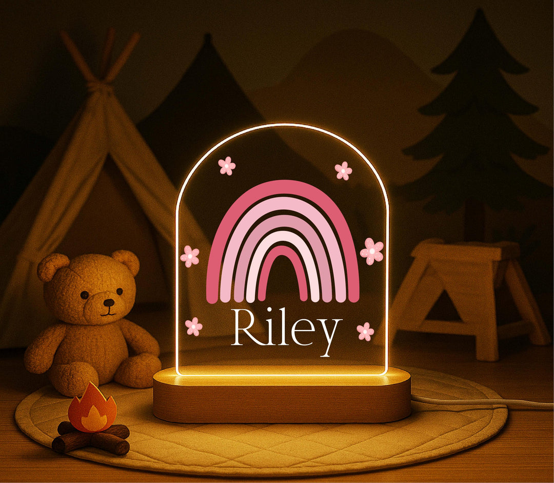 Personalized Rainbow Night Light – Custom Name LED Lamp with Wooden Base, Boho Kids Room Decor, Baby Girl Gift