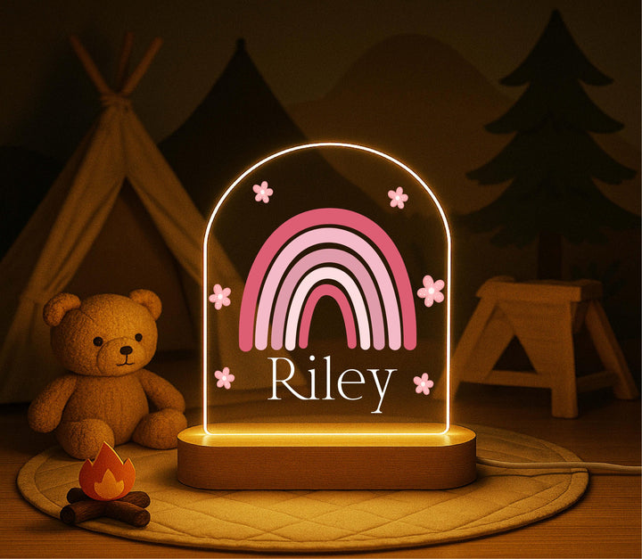 Personalized Rainbow Night Light – Custom Name LED Lamp with Wooden Base, Boho Kids Room Decor, Baby Girl Gift