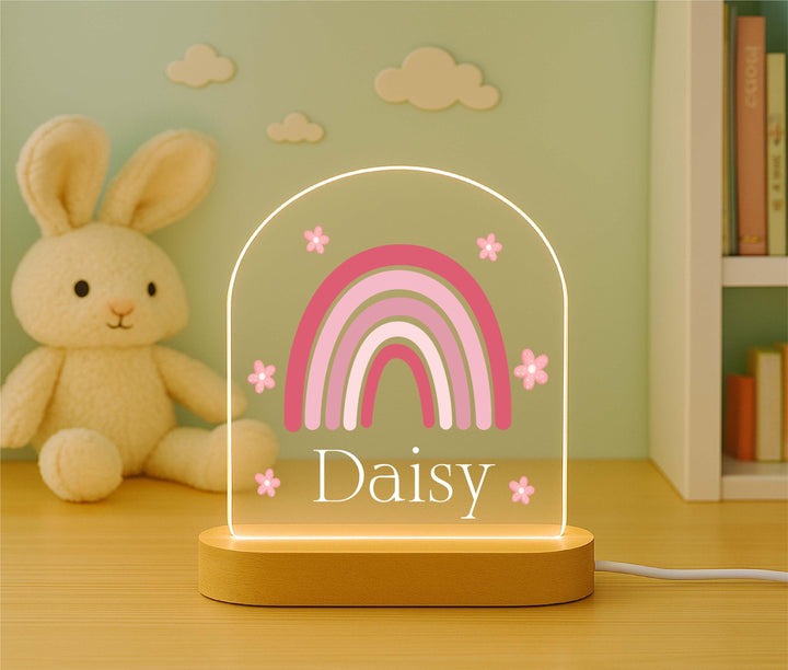 Personalized Rainbow Night Light – Custom Name LED Lamp with Wooden Base, Boho Kids Room Decor, Baby Girl Gift