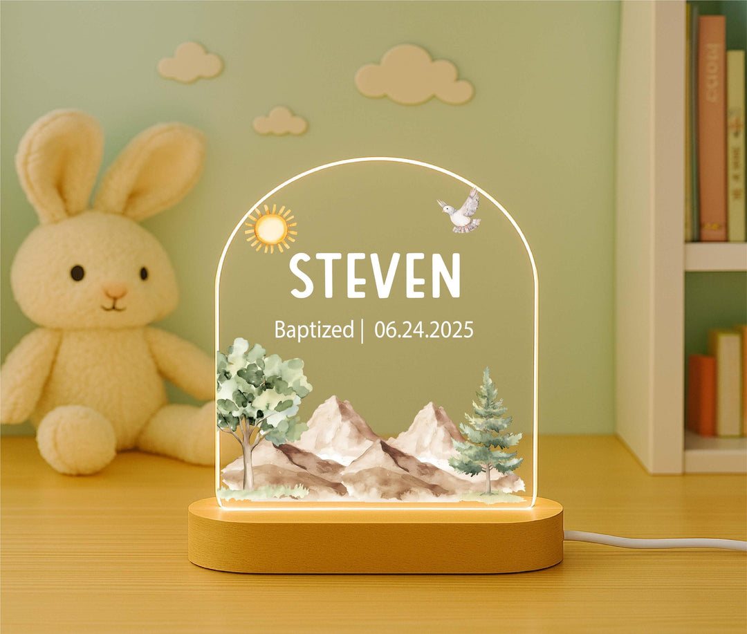 Personalized Baptism gift Night Light – Custom Name LED Lamp with Mountain &amp; Dove Design, Wooden Base, Christening Gift for Boys