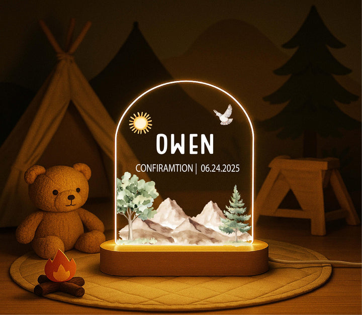 Personalized Baptism gift Night Light – Custom Name LED Lamp with Mountain &amp; Dove Design, Wooden Base, Christening Gift for Boys