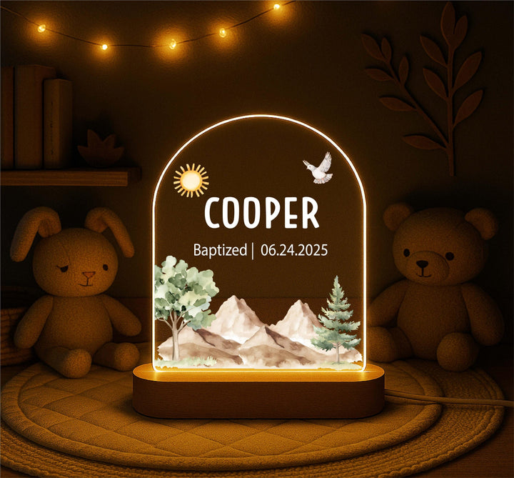 Personalized Baptism gift Night Light – Custom Name LED Lamp with Mountain &amp; Dove Design, Wooden Base, Christening Gift for Boys