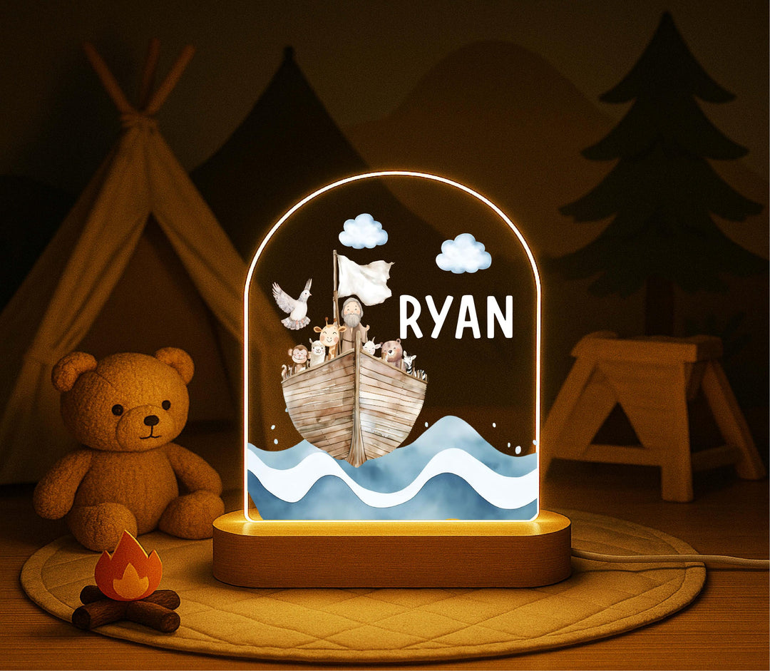 Personalized Noah’s Ark Night Light – Custom Name LED Lamp, Baptism Gift for Boys, Christian Nursery Decor, Baby Keepsake