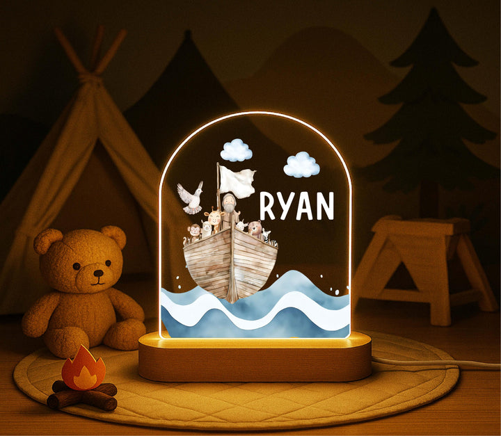 Personalized Noah’s Ark Night Light – Custom Name LED Lamp, Baptism Gift for Boys, Christian Nursery Decor, Baby Keepsake