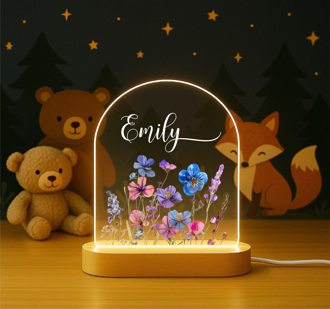 Personalized Wildflower Night Light – Custom Name LED Lamp, Wooden Base Nursery Decor, Floral Bedroom Light Gift