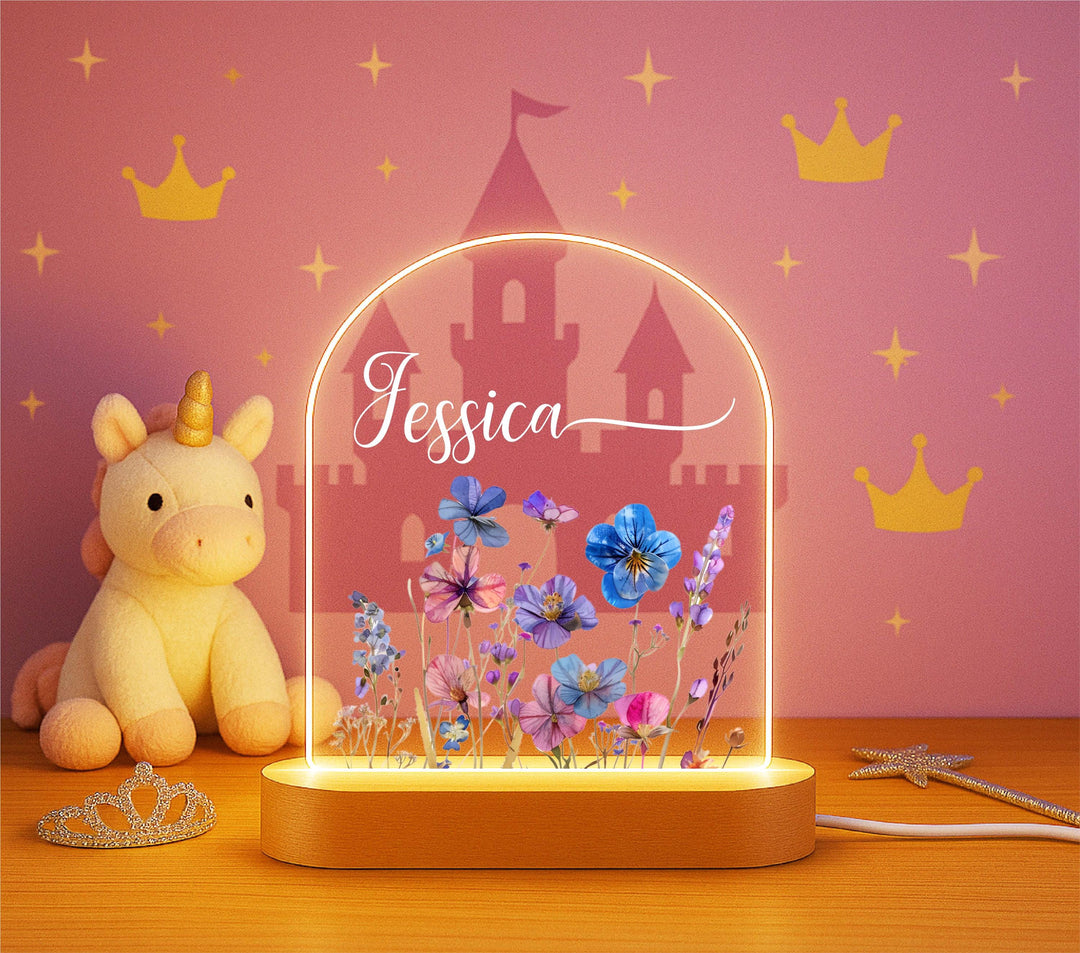 Personalized Wildflower Night Light – Custom Name LED Lamp, Wooden Base Nursery Decor, Floral Bedroom Light Gift