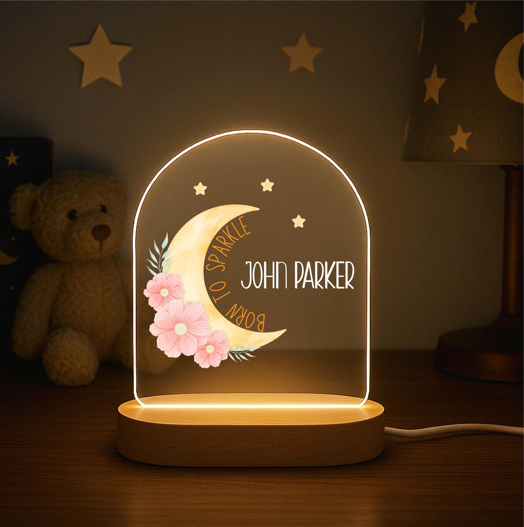 Personalized Moon Night Light – “Born to Sparkle” Custom Name LED Lamp, Floral Kids Room Decor, Birthday or Baby Gift