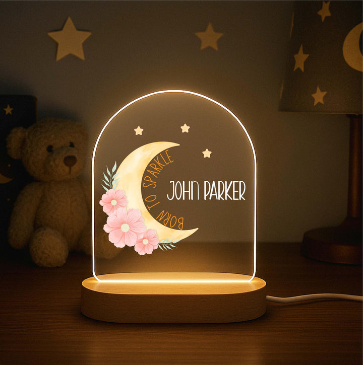 Personalized Moon Night Light – “Born to Sparkle” Custom Name LED Lamp, Floral Kids Room Decor, Birthday or Baby Gift