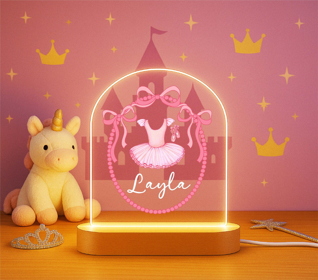 Personalized Ballerina Dress Night Light – Custom Name LED Lamp, Pink Tutu Bedroom Decor, Ballet Gift for Girls