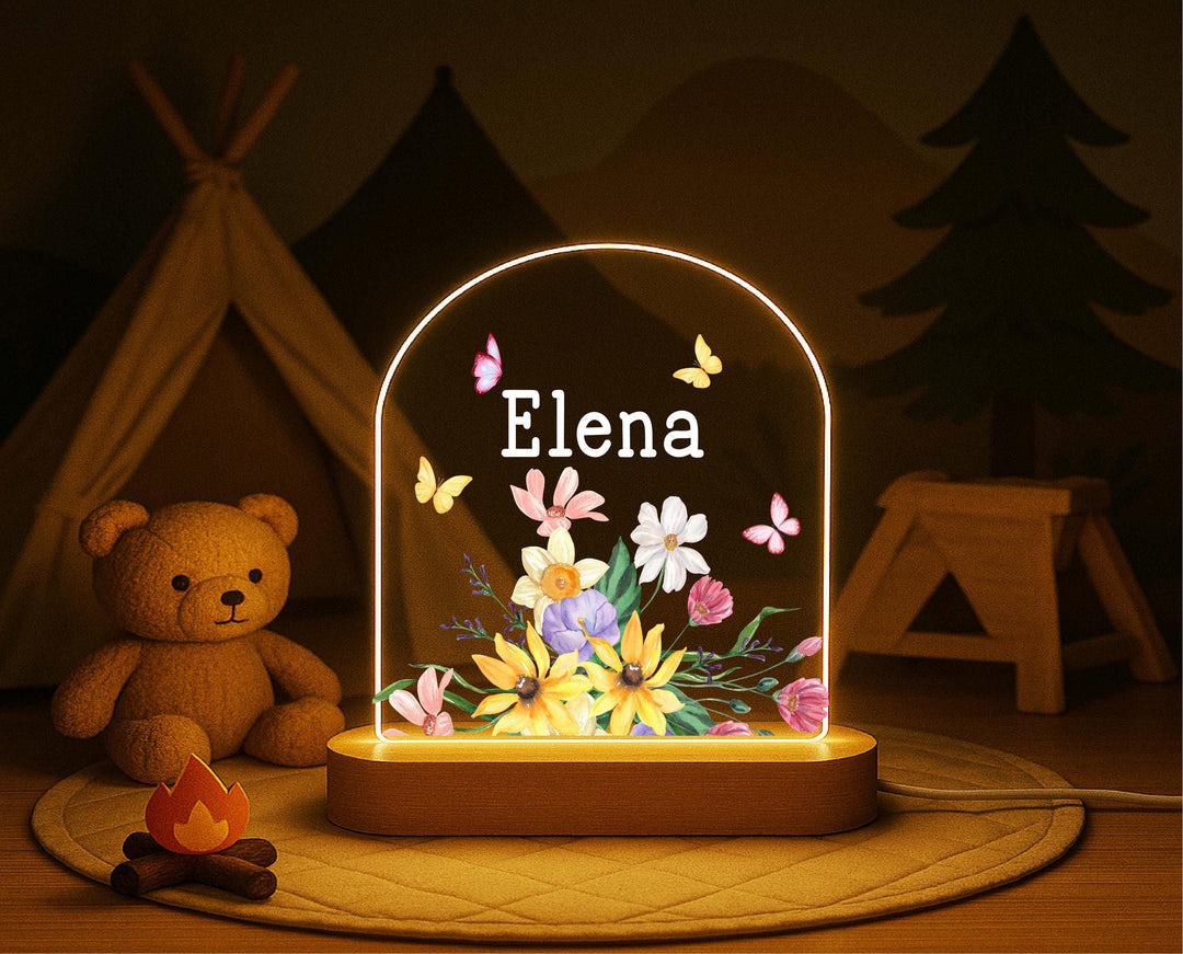 Personalized Wildflower Night Light – Custom Name Floral LED Lamp, Butterfly Bedroom Decor, Birthday or Nursery Gift