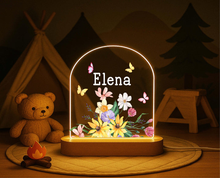 Personalized Wildflower Night Light – Custom Name Floral LED Lamp, Butterfly Bedroom Decor, Birthday or Nursery Gift