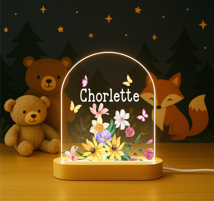 Personalized Wildflower Night Light – Custom Name Floral LED Lamp, Butterfly Bedroom Decor, Birthday or Nursery Gift