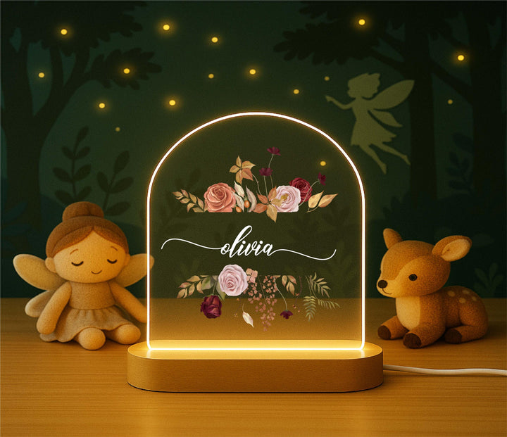 Personalized Rose Night Light – Custom Name Floral LED Lamp, Rustic Nursery Decor, Birthday or Baby Shower Gift