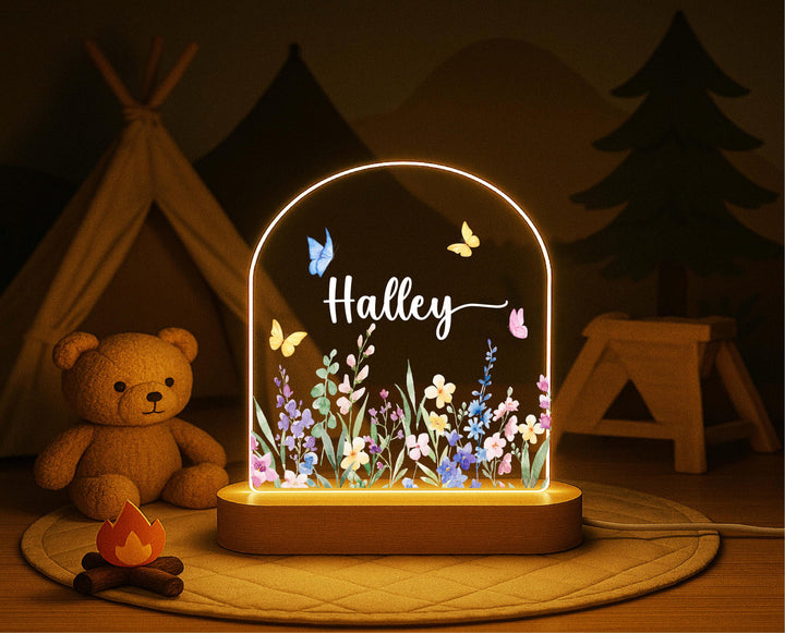 Personalized Butterfly Meadow Night Light – Custom Name Floral LED Lamp, Woodland Bedroom Decor, Birthday or Nursery Gift