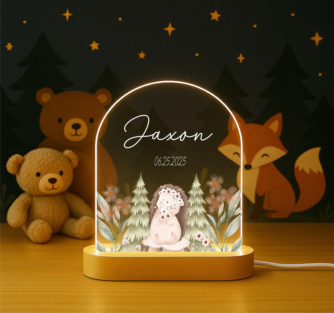 Woodland Animal Night Light – Personalized Hedgehog LED Lamp, Custom Name Baby Gift, Nursery Decor, Baptism or Birthday Keepsake