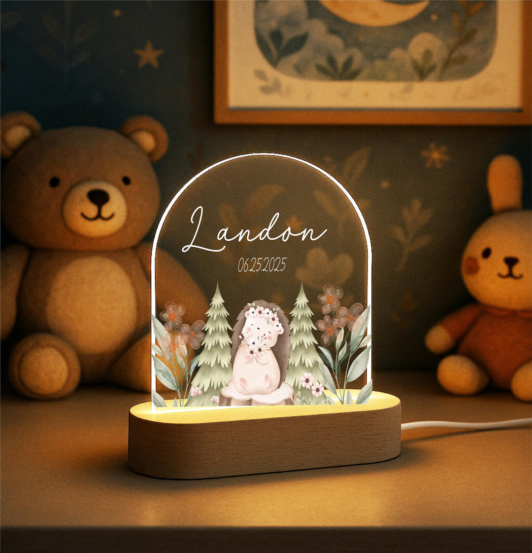Woodland Animal Night Light – Personalized Hedgehog LED Lamp, Custom Name Baby Gift, Nursery Decor, Baptism or Birthday Keepsake
