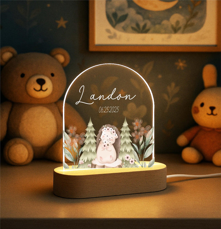 Woodland Animal Night Light – Personalized Hedgehog LED Lamp, Custom Name Baby Gift, Nursery Decor, Baptism or Birthday Keepsake