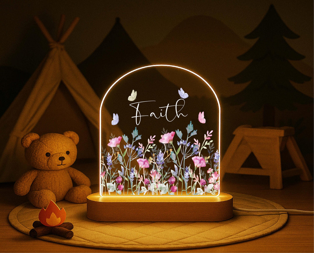 Custom Name Floral LED Lamp, Butterfly Nursery Decor, Birthday or Baby Keepsake Gift Personalized Wildflower Night Light