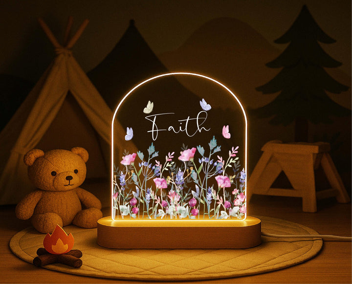 Custom Name Floral LED Lamp, Butterfly Nursery Decor, Birthday or Baby Keepsake Gift Personalized Wildflower Night Light